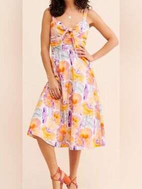 Anthropologie Yellow & Purple Floral Tie-Front Midi Dress